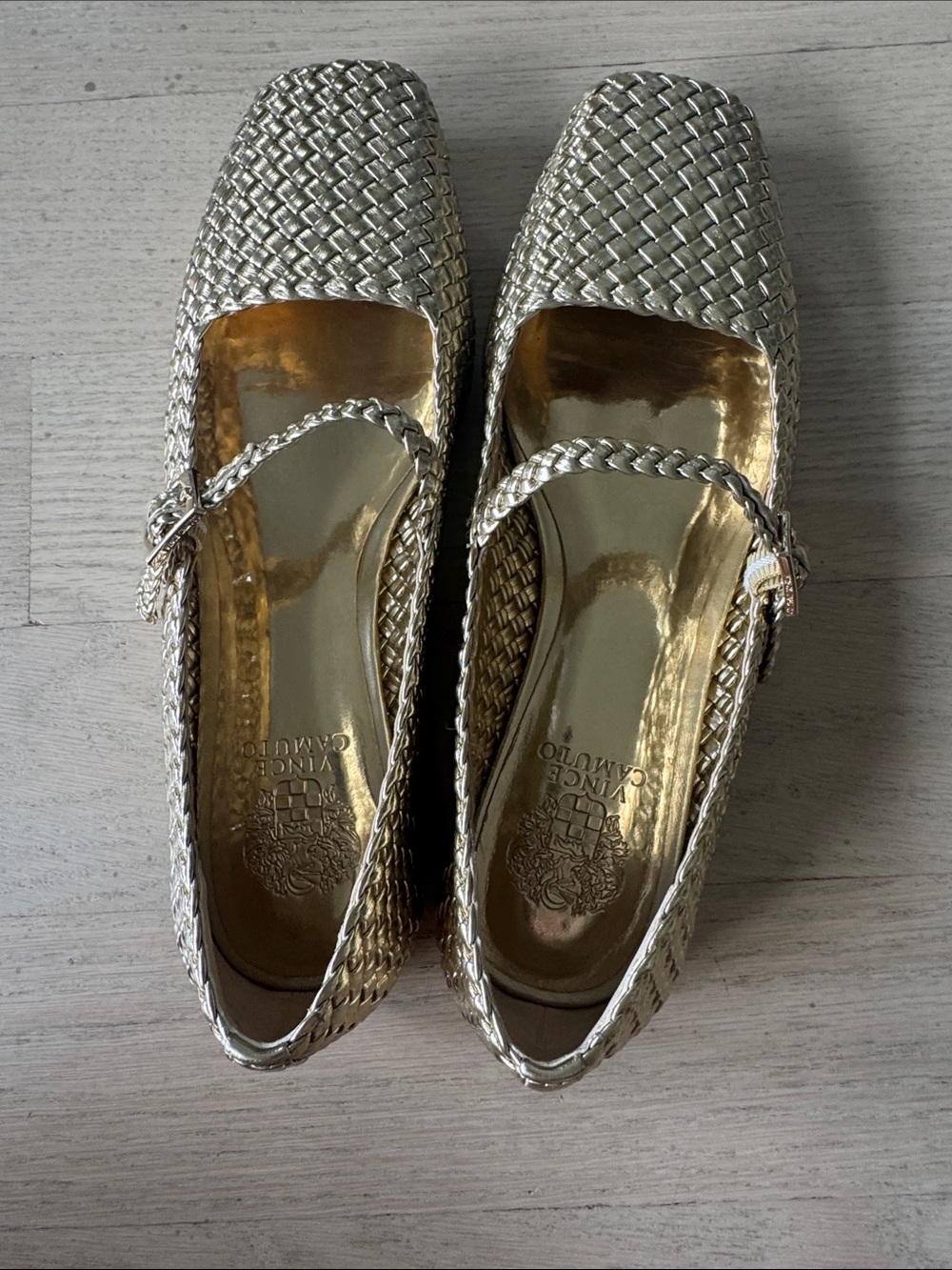Vince Camuto Metallic Gold Woven Mary Jane Flats with Braided Strap